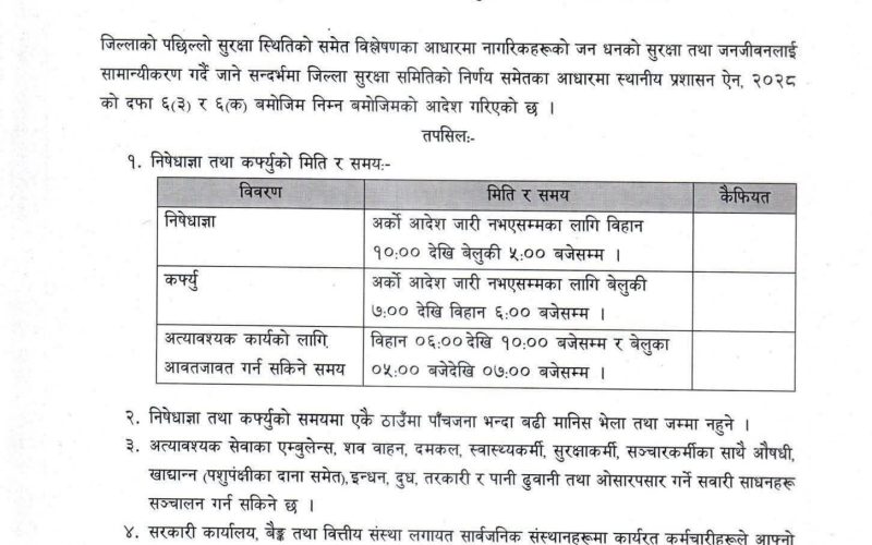 मकवानपुरमा अर्को आदेश नआएसम्म निषेधाज्ञा, बेलुका ७ बजेदेखि बिहान ६ बजेसम्म कर्फ्यु
