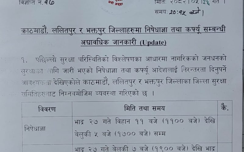 काठमाडौं, ललितपुर र भक्तपुरमा निषेधाज्ञा र कर्फ्यू आदेश जारी