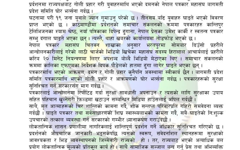 दमनकारी शक्तिको प्रयोग लोकतान्त्रिक मूल्य विपरीत: पत्रकार महासंघ
