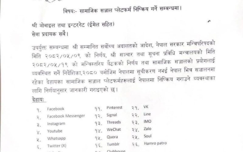 नेपालमा फेसबुक, युट्युब, इन्स्टाग्रामसहित २६ सामाजिक सञ्जाल निष्क्रिय गर्न निर्देशन