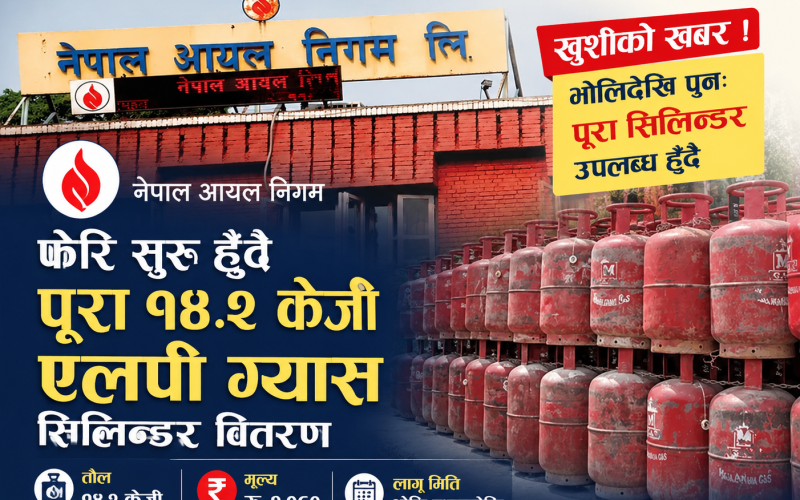 भोलिदेखि फेरि पूरा १४.२ केजी एलपी ग्यास सिलिन्डर बिक्री सुरु, मूल्य रु २,०६०