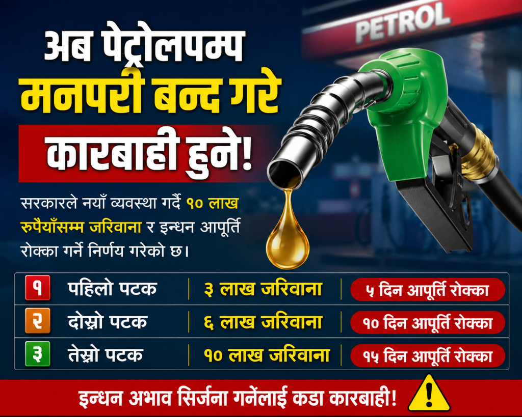 पेट्रोलपम्प मनपरी बन्द गरे १० लाखसम्म जरिवाना, इन्धन आपूर्ति रोक्नेलाई कडा कारबाही