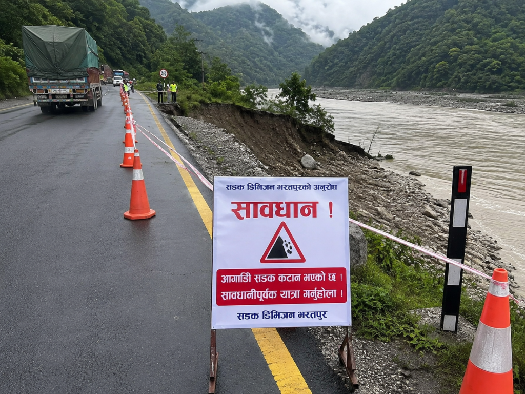 नारायणगढ–मुग्लिन सडकमा त्रिशूलीको कटान, नाम्सीखोला क्षेत्रमा सुरक्षा संकेत राखियो