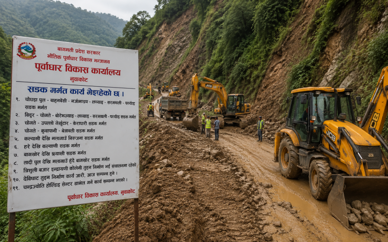 नुवाकोटमा बाढीपहिरो प्रभावित सडक मर्मत तीव्र, विभिन्न स्थानमा तुइन निर्माण र पुनःस्थापनाको काम जारी